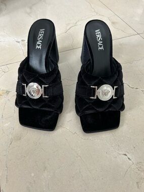 Versace Black Velvet Medusa Emblem Braided Mule Heels